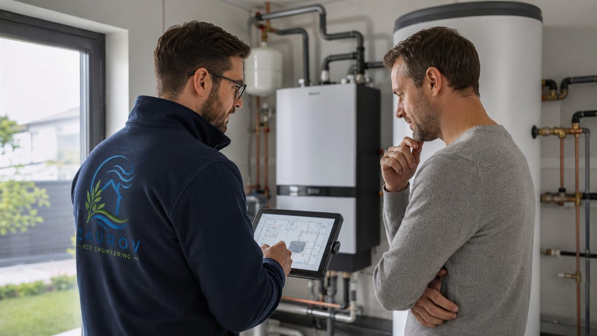 Beratungsgespräch im Heizungsraum: Anlagenschema auf dem Tablet, Eigentümer und Fachmann besprechen die Reihenfolge der Maßnahmen