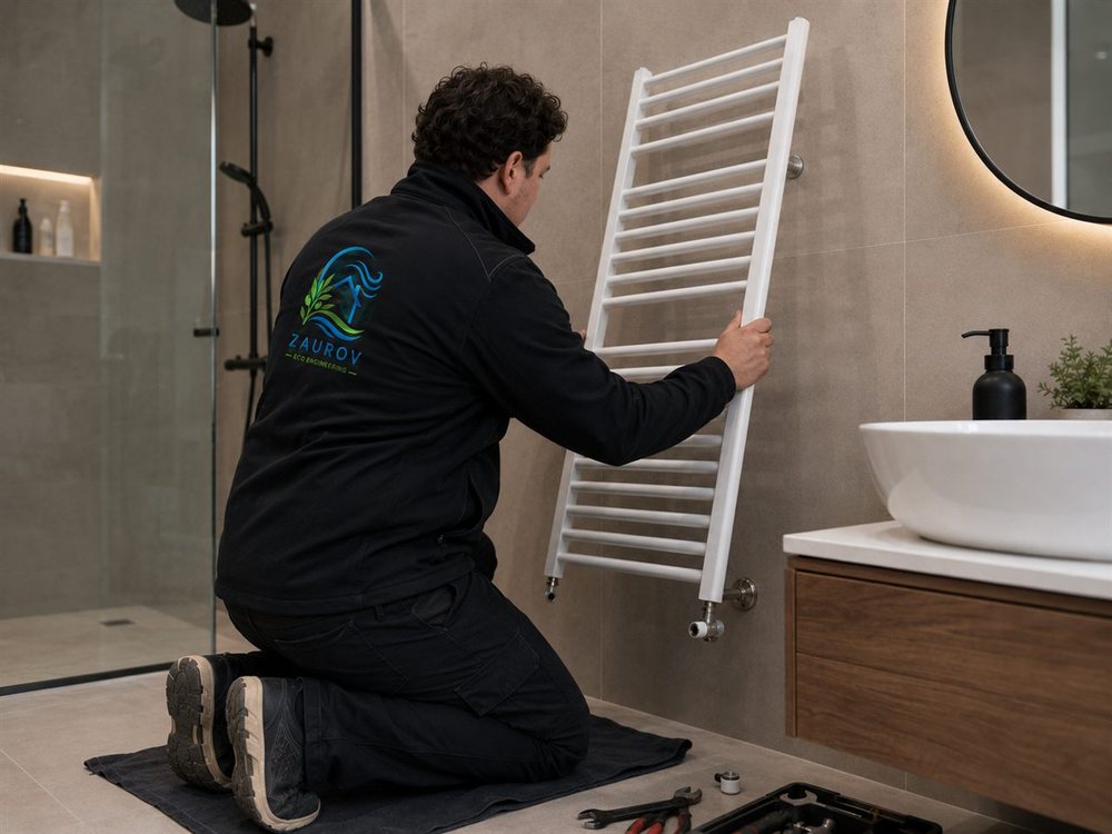 Monteur von Zaurov Eco Engineering beim Einbau eines neuen Badheizkörpers