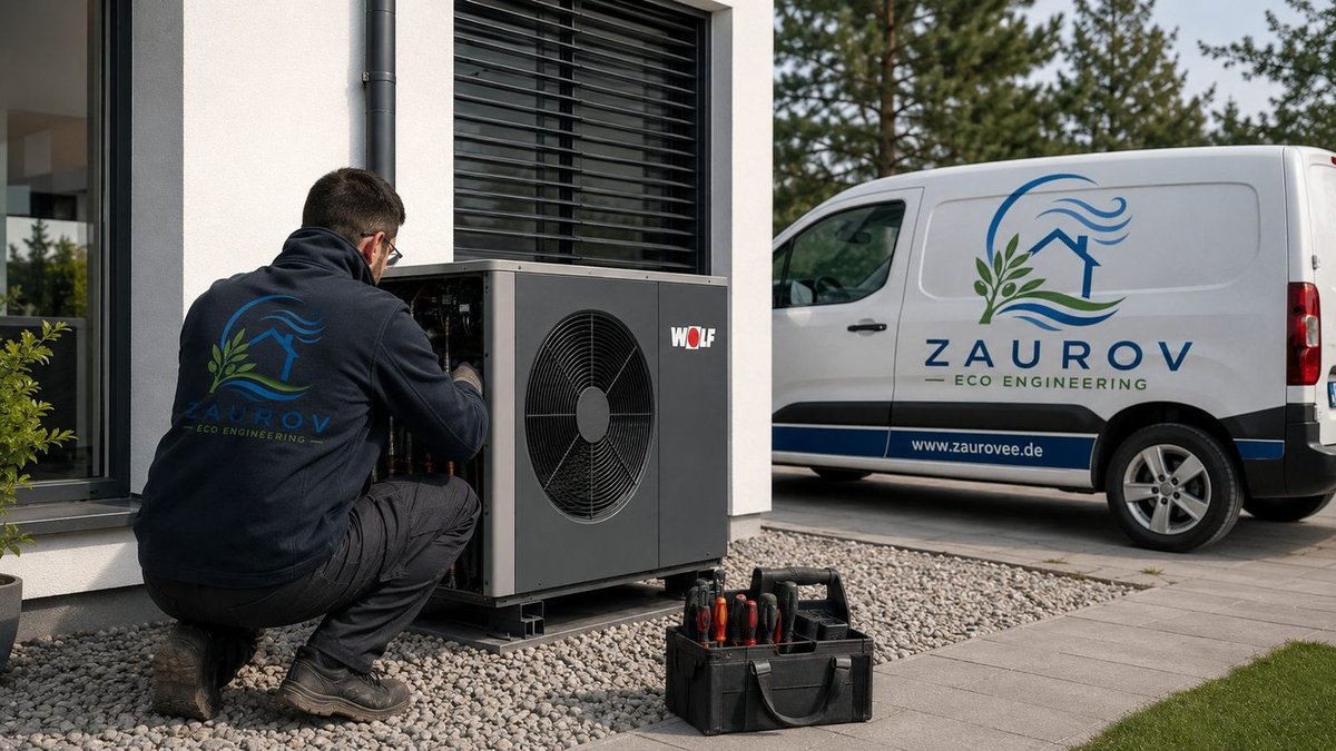 Montage einer modernen Wärmepumpe an einem Einfamilienhaus durch das Team von Zaurov Eco Engineering