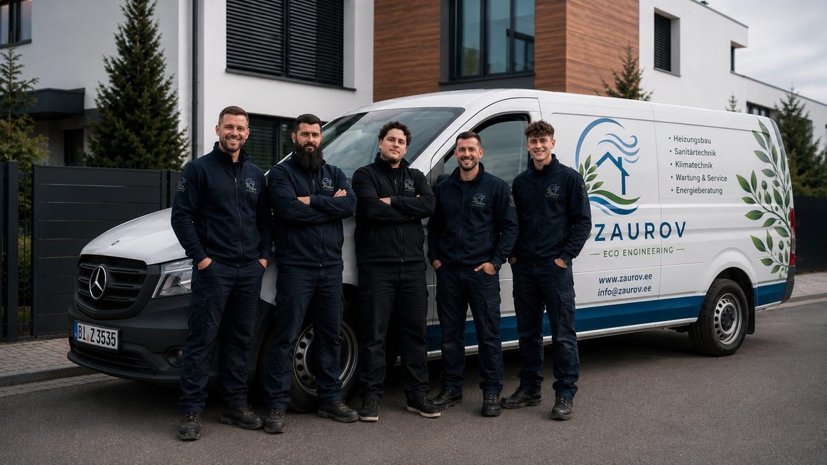 Das Team von Zaurov Eco Engineering vor dem Servicefahrzeug